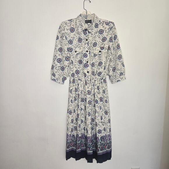 Vintage Breli 80s Secretary Shirt Dress Printed Pleated Midi Skirt Women 10 - Picture 9 of 13